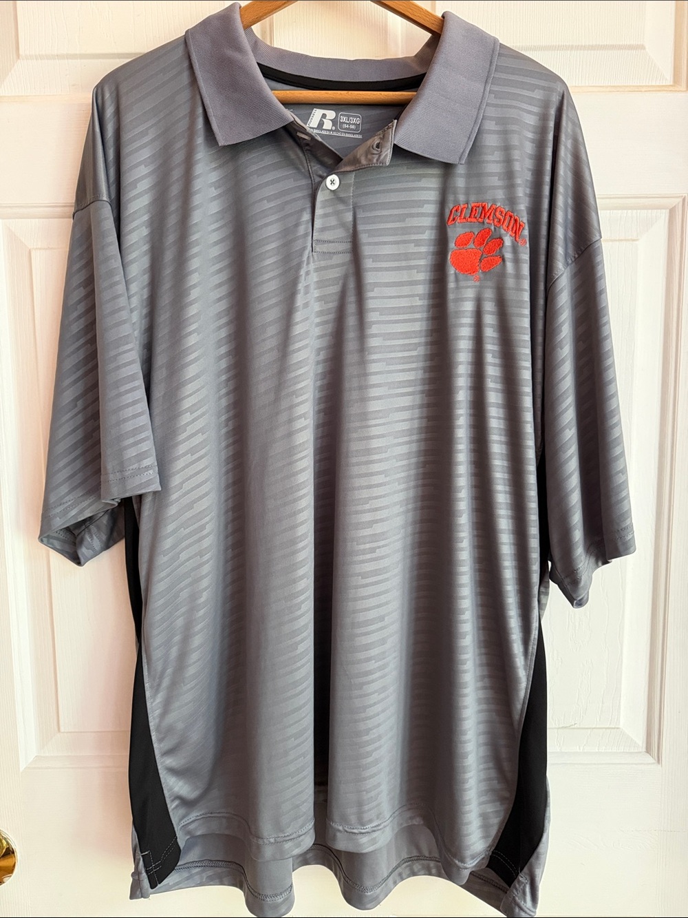 Clemson Russell Athletic Gray Polo with Orange Clemson Paw Embroidery